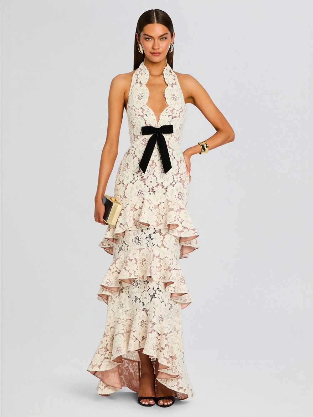 Retrofete Cream Lace Halter High-Low Dress MISSING BLACK BOW!